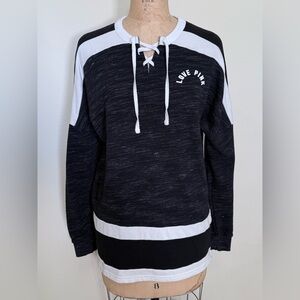 Victoria's Secret PINK Lace Up Sweatshirt Terry Size M Black Heather White Logo